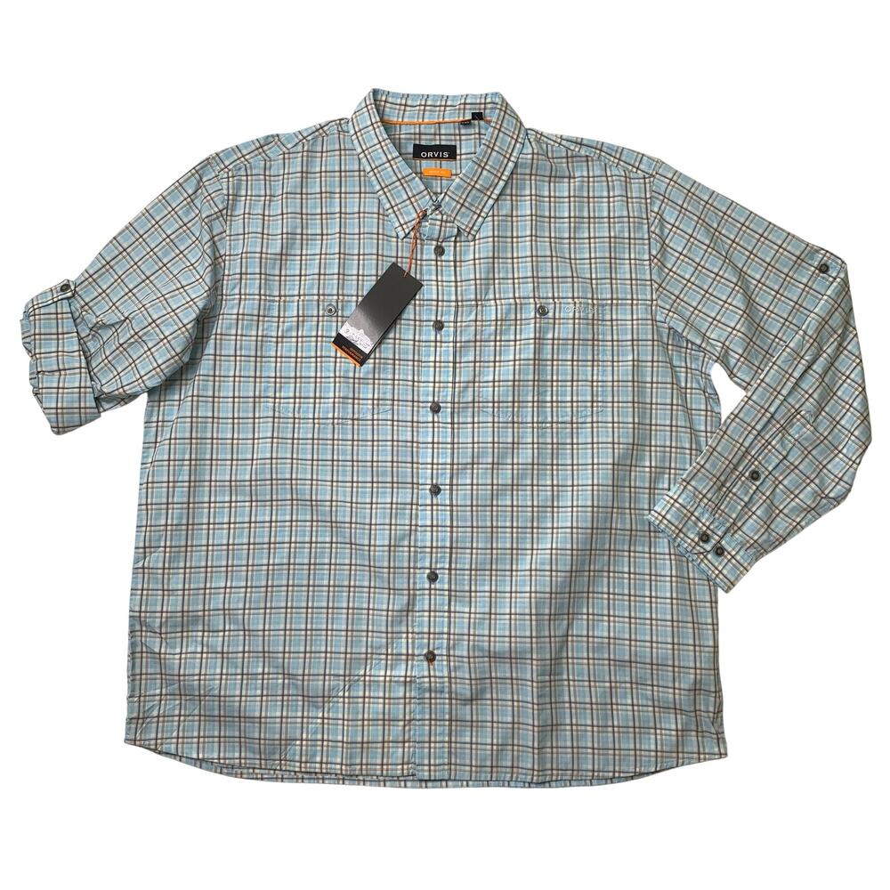 Orvis Shirt Mens 2XL Spa Blue Plaid Active Fit River Guide Tab Sleeve Fishing